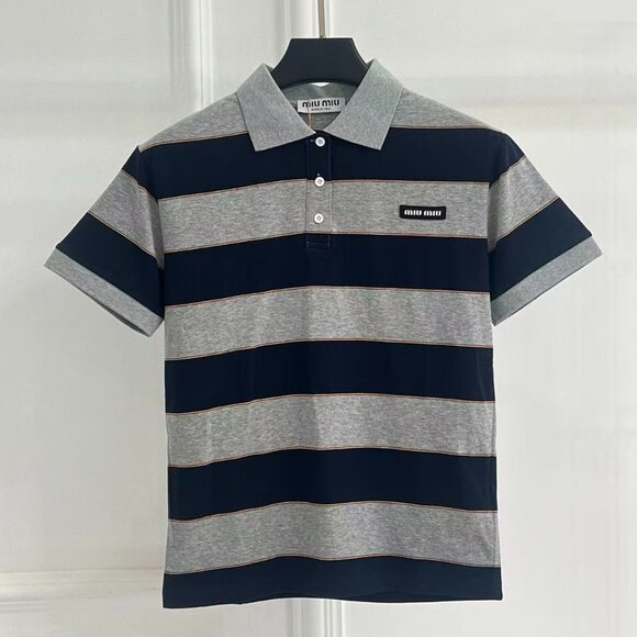 Miu Miu Navy and Grey Striped Polo Shirt Size S.